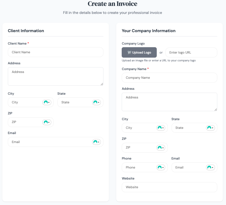 BluePro’s free invoice template tool showing client information and company information fields, including options to upload a logo, add addresses, and contact details to generate a professional invoice.