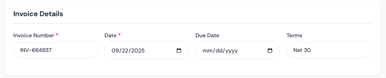 Invoice details section in BluePro’s free invoice template, showing fields for invoice number, date, due date, and payment terms such as Net 30.