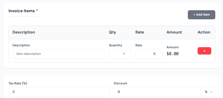 Invoice items section in BluePro’s free invoice template, showing fields to enter item descriptions, quantity, rate, and amount, along with tax and discount options.